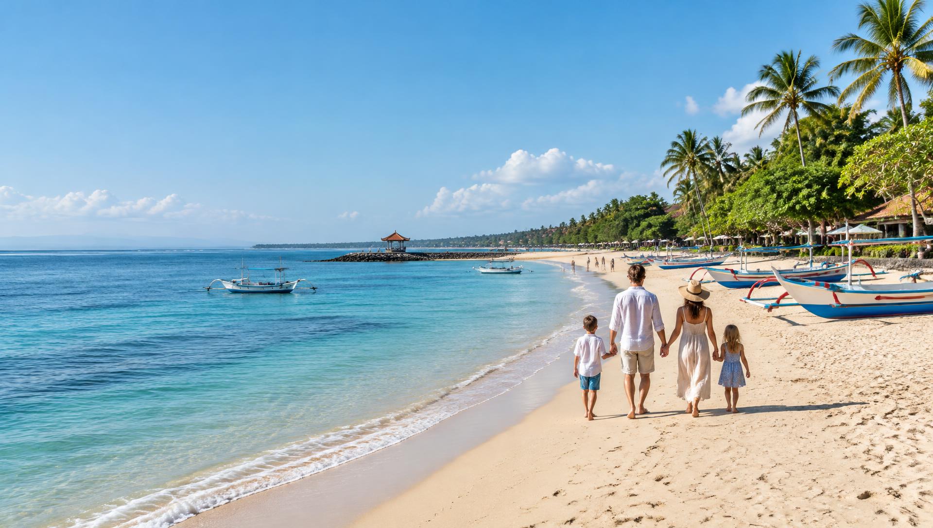 A family enjoying a palm-lined Bali beach, illustrated travel scene